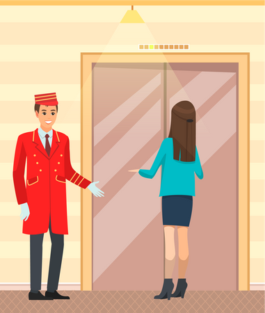 Hotel security guard welcoming guests to the hotel  Illustration