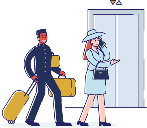Hotel staff carrying customer luggage Illustration
