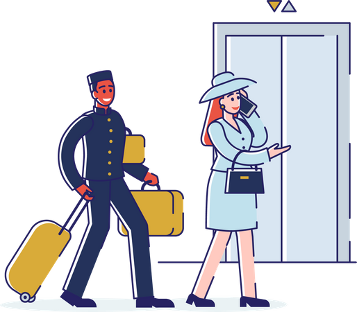 Hotel staff carrying customer luggage  Illustration