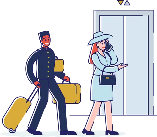 Hotel staff carrying customer luggage  Illustration