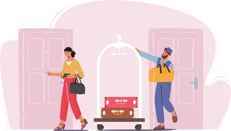 Hotel Staff Meeting Guest in Hall Carrying Luggage by Cart  Illustration