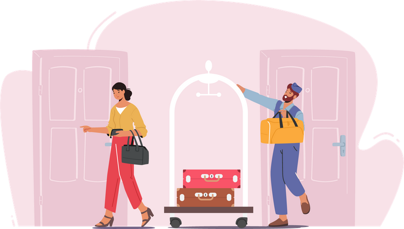 Hotel Staff Meeting Guest in Hall Carrying Luggage by Cart  Illustration