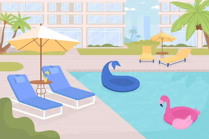 Au bord de la piscine de l'hôtel vide avec équipement pour le repos  Illustration