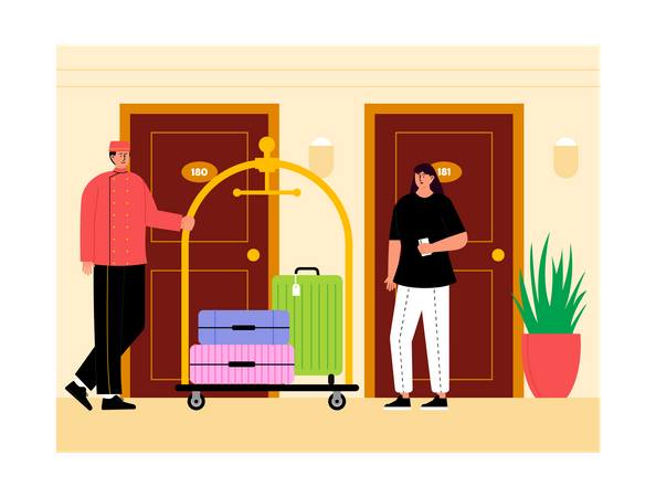 Hotel worker delivering luggage to guest Illustration