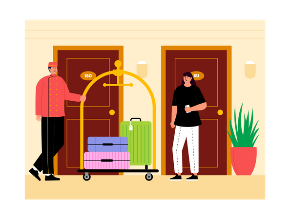 Hotel worker delivering luggage to guest  Illustration