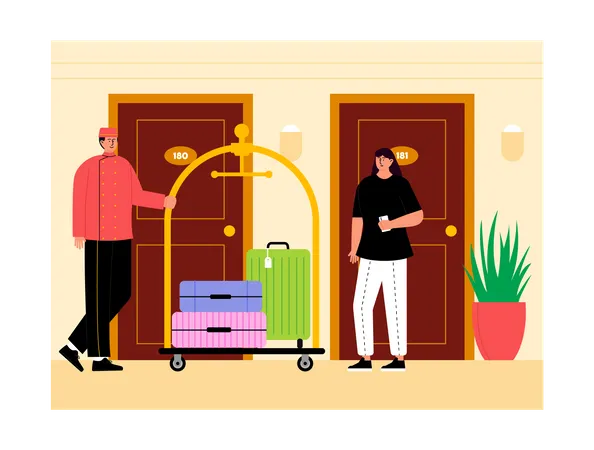 Hotel worker delivering luggage to guest  Illustration