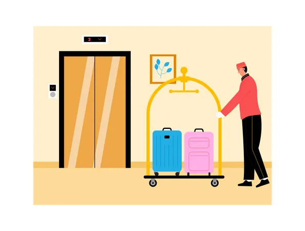 Hotel worker pushing luggage trolley Illustration