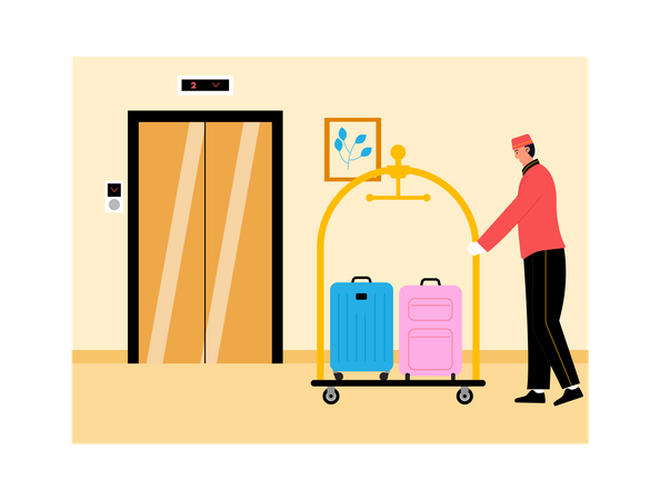 Hotel worker pushing luggage trolley  Illustration