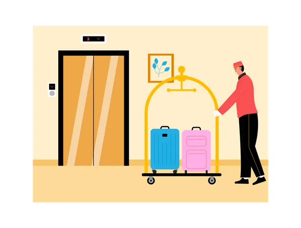 Hotel worker pushing luggage trolley  Illustration