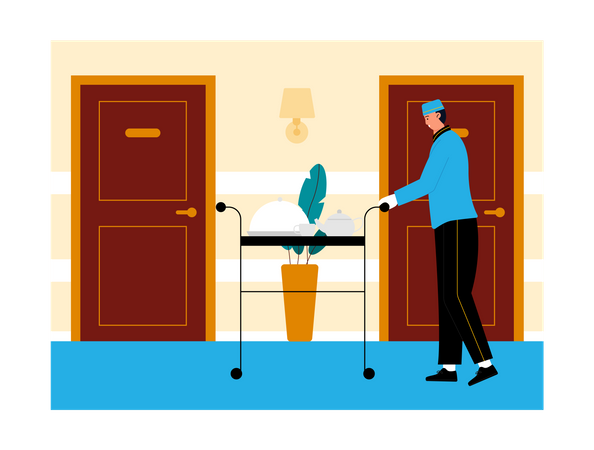 Hotel worker serving food to rooms  Illustration