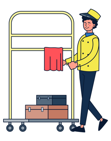 Hotel worker with luggage trolley  Illustration