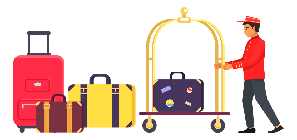 Hotelpage, der das Gepäck der Gäste transportiert  Illustration