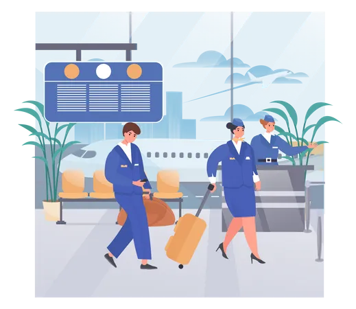 Hôtesse aidant les touristes à l'aéroport  Illustration