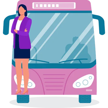 Hôtesse de bus debout avec bus  Illustration