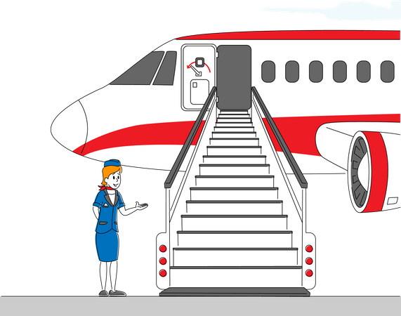 Fille d'hôtesse de l'air invitant des passagers à embarquer dans un avion  Illustration