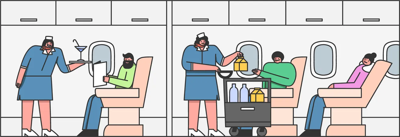 Hôtesse de l'air servant de la nourriture et des boissons dans un avion  Illustration