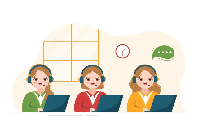 Call Center Agent Of Customer Service Or Hotline Operator With Headsets And Computers In Flat Cartoon Hand Drawn Templates Illustration Illustration