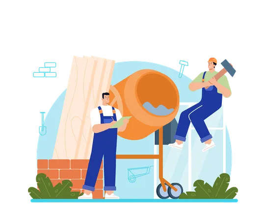 Constructor Concept House And Road Building Process Workers Using Constructing Tools And Materials Bricklayer Concrete Maker Carpenter City Area Development Flat Vector Illustration 일러스트레이션