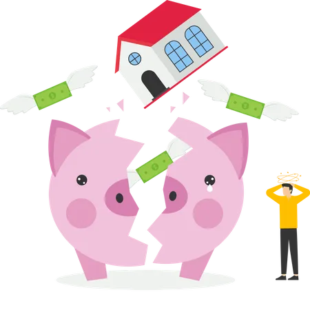 House Broke Savings Piggybank Payment And Cost Expensive Payment High Interest Rate Mortgage Vector Illustration Design Concept In Flat Style Illustration