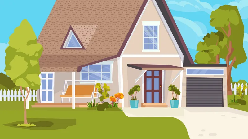 Suburban House Building Exterior Concept In Flat Cartoon Design Detached House With Garage Green Lawn And Trees Cottage At Village Rural Realty Estate Vector Illustration Horizontal Background Illustration