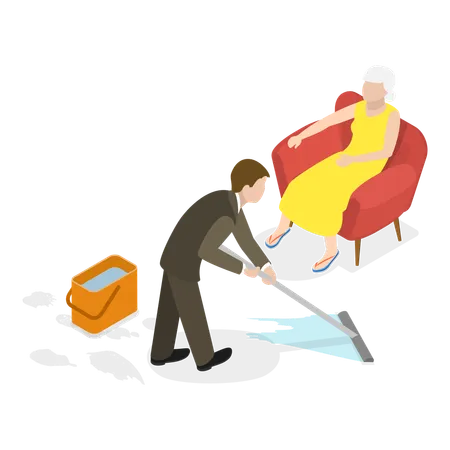 House cleaner cleaning floor and taking care of elderly people  Illustration