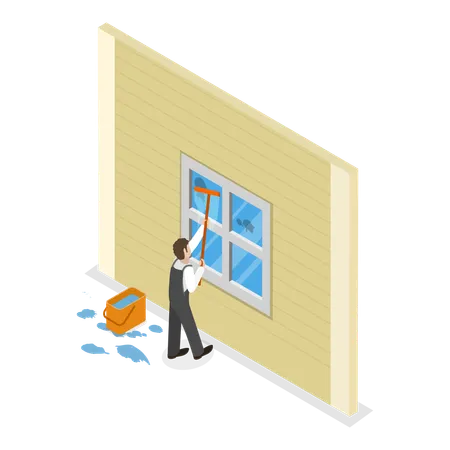 House cleaner cleaning window  Illustration