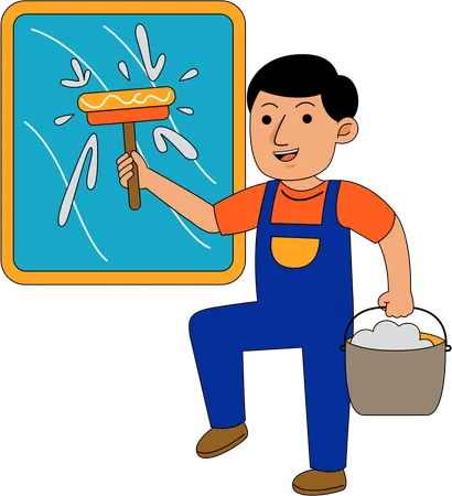 House cleaner cleaning window  Illustration