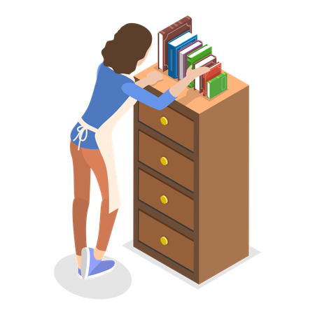 House cleaner organizing book shelf  Illustration