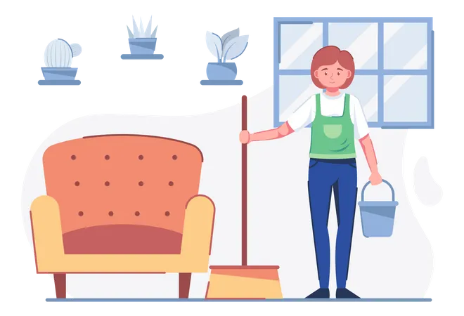 House cleaner with broom  Illustration