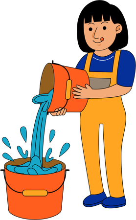 House Cleaner Woman pouring water in bucket  Illustration