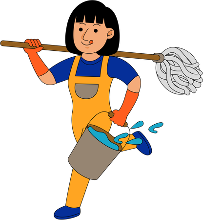 House Cleaner Woman running with mop  Illustration