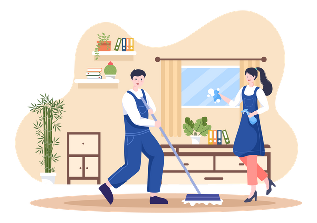 House cleaners wipe the dust and sweeping floor  Illustration