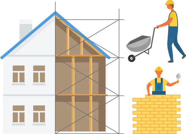 House Construction Zone Builder Going With Truck Worker Holding Putty Knife And Laying Bricks Building Wall And Renovation Build Engineering Vector Illustration
