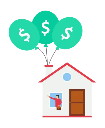 House Float In The Sky By Currency Balloon Home Ownership House Rental Savings Investment Vector Illustration Design Concept In Flat Style Illustration