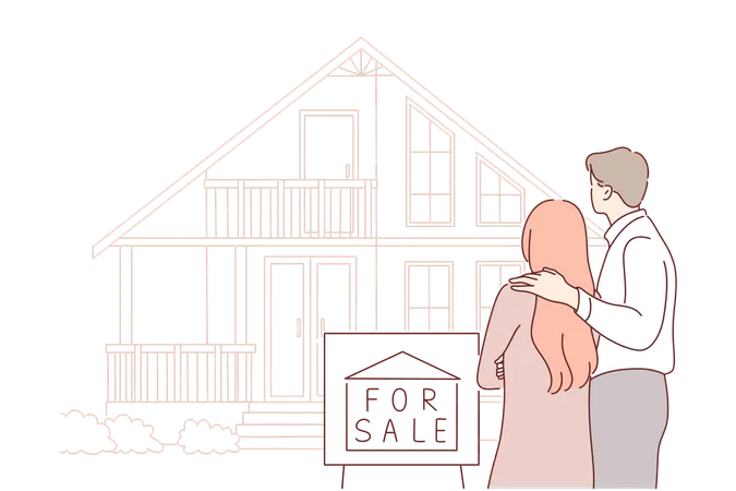 Buy Sale House Real Estate Family Concept Young Sad Couple In Love Husband And Wife Characters Sell Leaving Their House Offered For Sale Because Of Debts Buying New Real Estate For Family Life Illustration