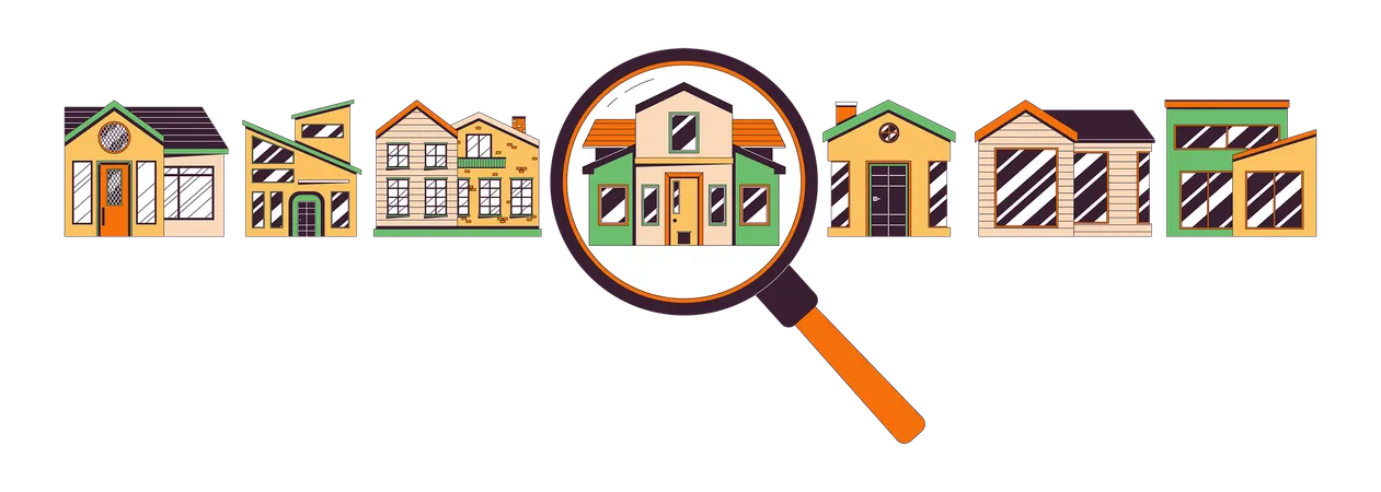 House Hunting Options Choosing 2 D Linear Illustration Concept Loupe Magnifying Glass Selecting Home Cartoon Objects Isolated On White Apartment Purchase Metaphor Abstract Flat Vector Outline Graphic Illustration