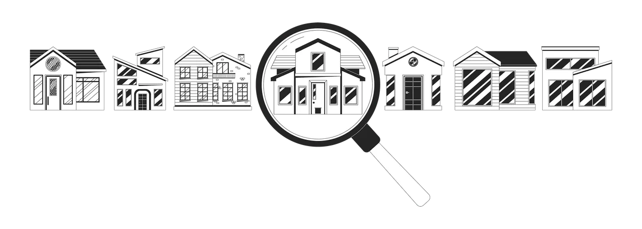 House Hunting Options Choosing Black And White 2 D Illustration Concept Loupe Magnifying Glass Selecting Home Cartoon Outline Objects Isolated On White Apartment Buy Metaphor Monochrome Vector Art Illustration