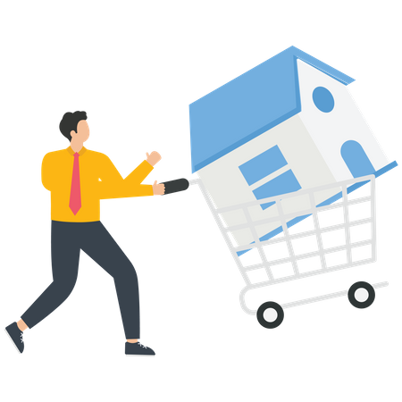 House in a shopping cart with businessman  Illustration
