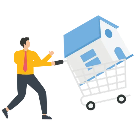 House in a shopping cart with businessman  Illustration