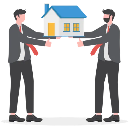 House In Hand Product Presentation Businessmen Offer Assets On Hand Ready To Doing Ok Gesture With Thumbs Up Illustration