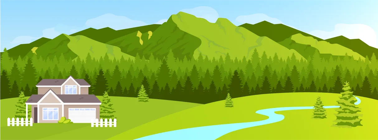 House In Mountains Flat Color Vector Illustration Green Hill And Coniferous Forest Fir Trees Rural Nature Scenery 2 D Cartoon Peaceful Landscape With Woodland And Village Lodge On Background Illustration