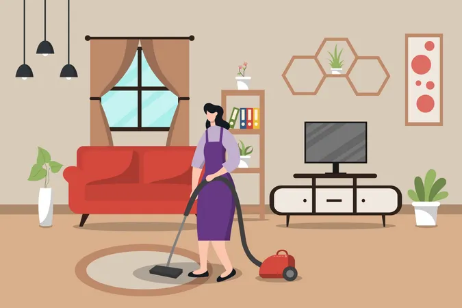 House maid cleaning the hall Illustration