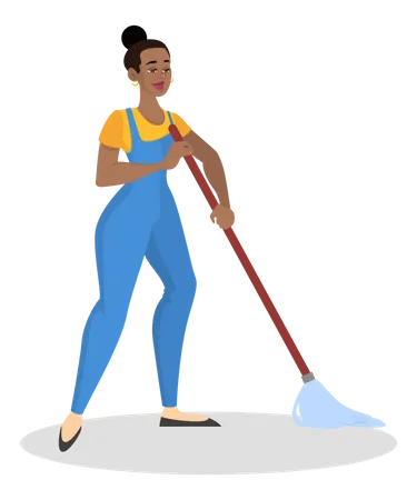 House maid in uniform cleaning the floor with broom  Illustration