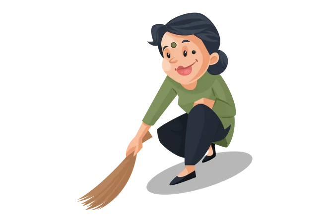 House maid is sweeping floor with a broom  Illustration