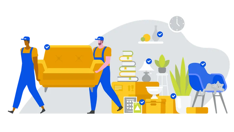 Two Workers Are Carrying A Sofa Moving Boxes In New House Vector Flat Style Illustration Illustration