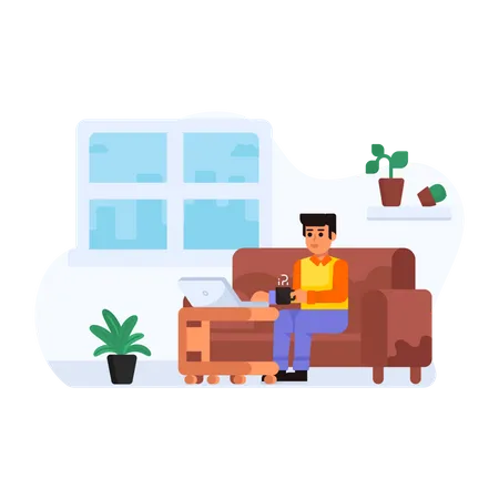 A Person Sitting On A Couch Doing Work House Office Flat Illustration Illustration