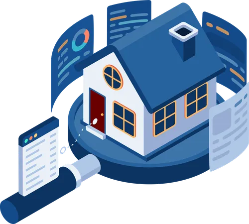 Flat 3 D Isometric House On Magnifying Glass With Data Analysis Real Estate Investment Concept Illustration