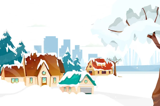 House on winter time falling snow on Christmas  Illustration