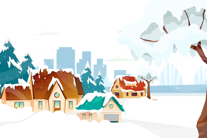 House on winter time falling snow on Christmas  Illustration