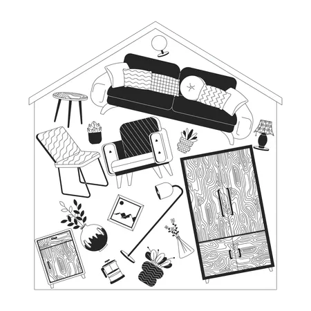 House Overloaded With Belongings Black And White 2 D Linear Illustration Concept Domestic Stuff Cartoon Scene Background Overconsumption Problem Monochrome Metaphor Abstract Flat Vector Graphic Illustration
